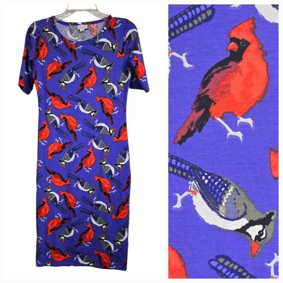 LuLaRoe NEW Red Cardinal Blue Jay Julia Purple Sheath Pencil‎ Dress Bird Print - Picture 1 of 9
